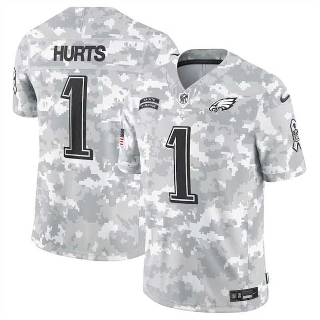 Mens Philadelphia Eagles #1 Jalen Hurts 2024 Arctic Camo Salute To Service Limited Stitched Jersey Dyin